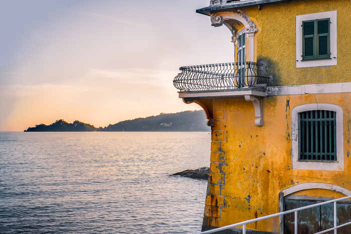 small terrace overlooking the sea at sunset in the luxurious ancient villa on the Gulf of Tigullio near Portofino in Liguria - Italy